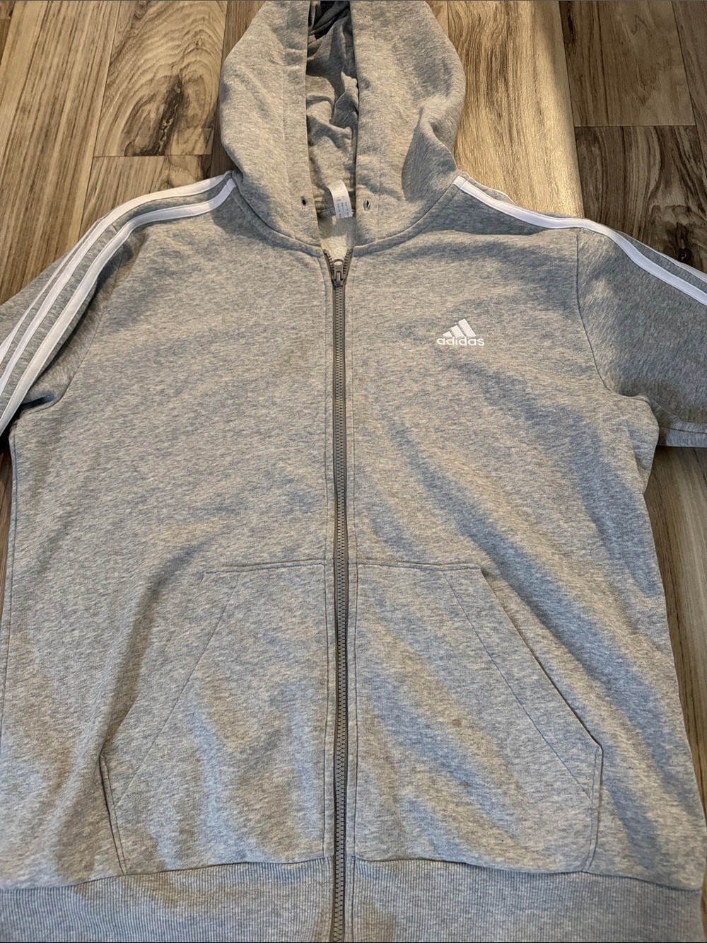 adidas Men’s Light Grey Zip-Up Hoodie with White Three-Stripes